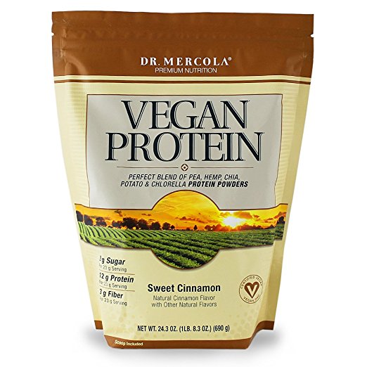 Dr. Mercola Vegan Protein Powder Sweet Cinnamon - Perfect Blend Of Pea, Hemp, Chia, Chlorella & Potato Plant Proteins - Gluten-Free - Naturally Flavored - 1 lb 8 oz (690g)