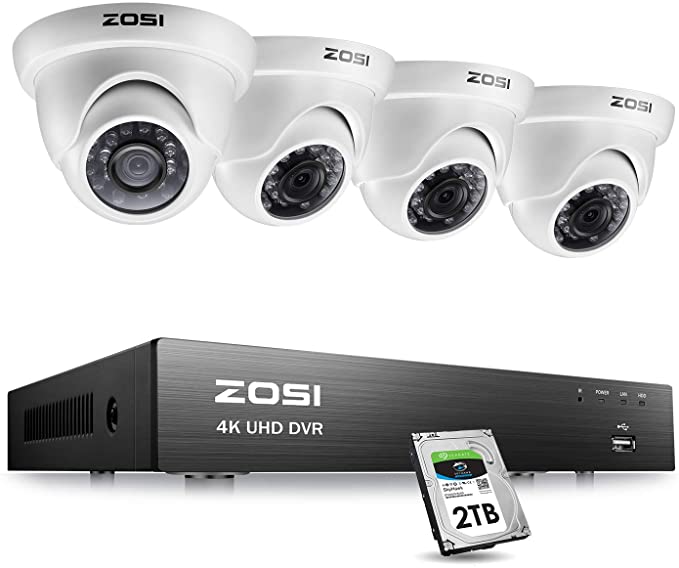 ZOSI 4K Ultra HD Security Cameras System with 2TB Hard Drive, 8Channel H.265  4K (3840x2160) Video DVR and 4PCS 4K (8MP) Indoor Outdoor Home Surveillance Dome CCTV Cameras with 150ft Night Vision