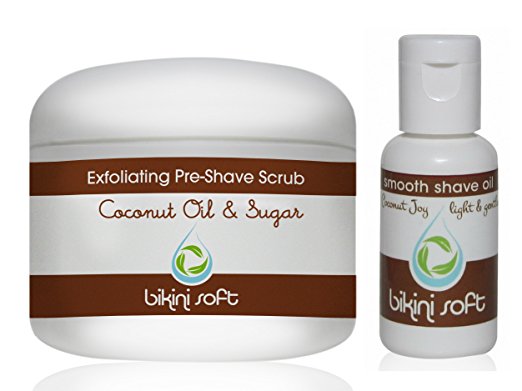 BIKINI SOFT Coconut Oil & Sugar Perfect Shave Set (5 oz) - Organic Sugar Pre-Shave EXFOLIATING BODY SCRUB & Coconut Joy Shave Oil - GIVES YOU THE SMOOTHEST SHAVE EVER -Perfect For Sensitive Skin