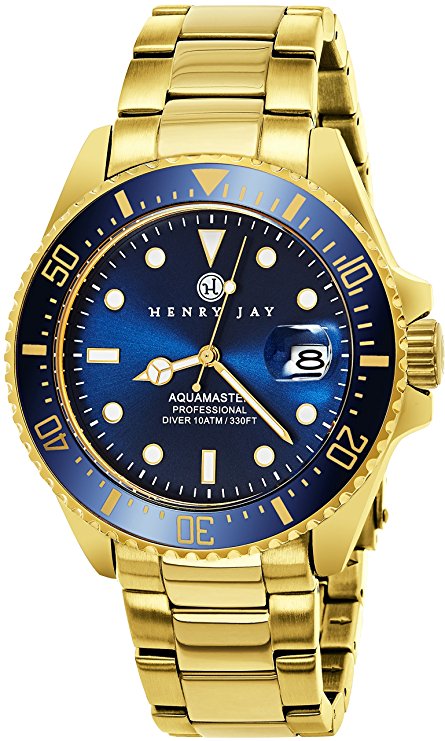 Henry Jay Mens 23K Gold Plated Stainless Steel “Specialty Aquamaster” Professional Dive Watch