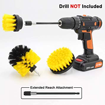 Cooptop All Purpose Medium Bristles Drill Brush Set with 150 mm Long-reach Removable Extension - Power Scrubbing Drill Brush Attachment - Power Scrub Brush Cleaning Kit