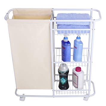Mythinglogic Laundry Sorter Hamper Rolling Laundry Storage Cart Heavy-Duty Laundry Hamper with 3-Tiered Shelving Baskets Small Space Organization - White