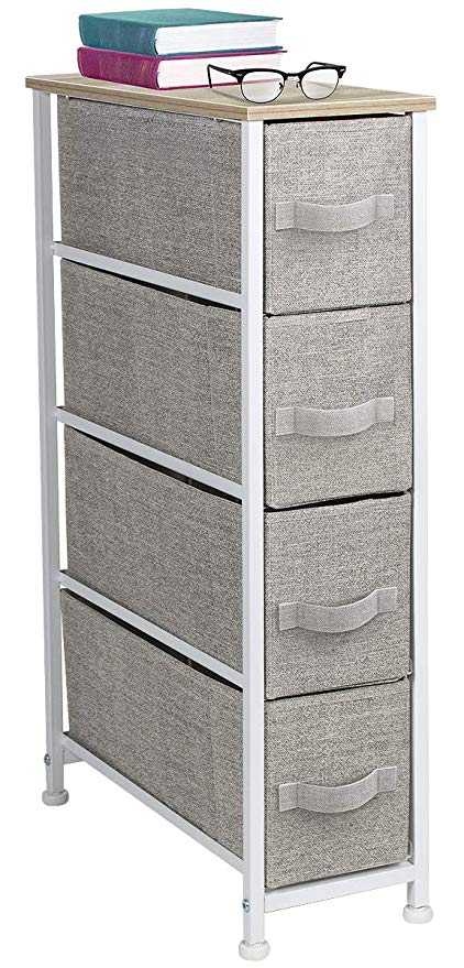 Sorbus Narrow Dresser Tower with 4 Drawers - Vertical Storage for Bedroom, Bathroom, Laundry, Closets, and More, Steel Frame, Wood Top, Easy Pull Fabric Bins (Beige)