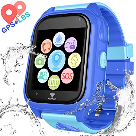 Kids Waterproof Smart Watch Phone - Children Water Resistant GPS Tracker Watch with Call Talkie Walkie Games Sports Wristband for Boys Girls (Blue)