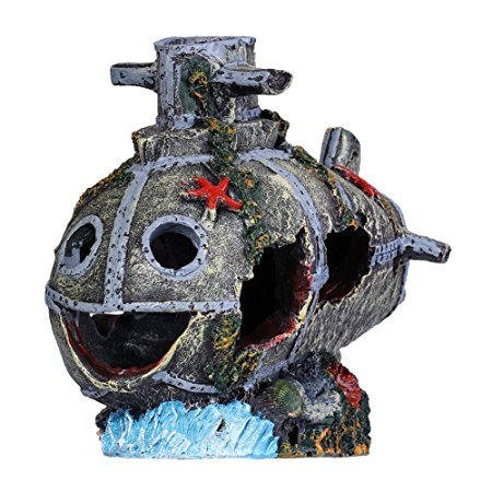 Bestgoo Aquarium Fish Tank Decorations Large Hiding Caves, Emulational Sunken Seabed Submarine Wreckage with Lovely Smiling Face