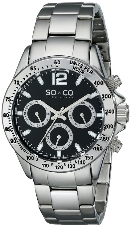 SO&CO New York Men's 5001.1 Monticello Quartz Black Dial Day and Date Stainless Steel Link Bracelet Watch