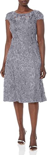 Alex Evenings Women's Tea Length Cap Sleeve Rosette Dress (Petite and Regular)