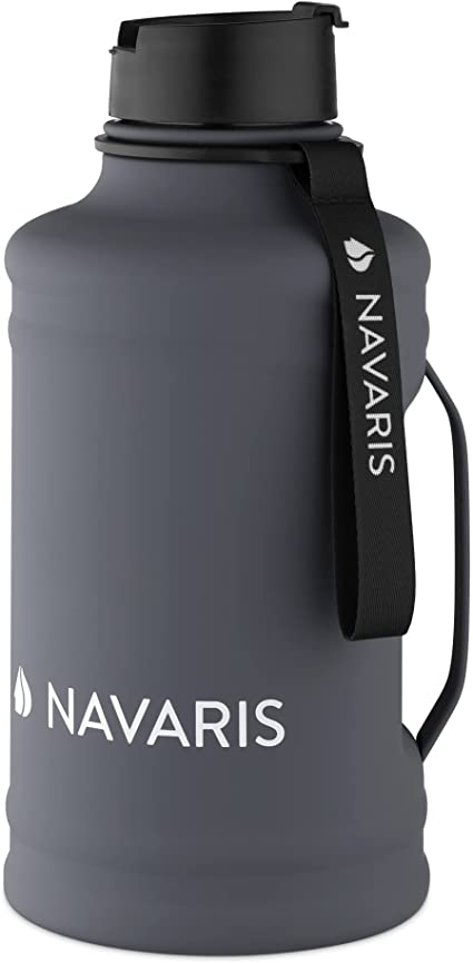 Navaris Half Gallon Water Bottle with Handle - 74 oz (2.2L) Stainless Steel Water Jug - Large Reusable Metal Drink Bottle for Sports, Gym, Hydration