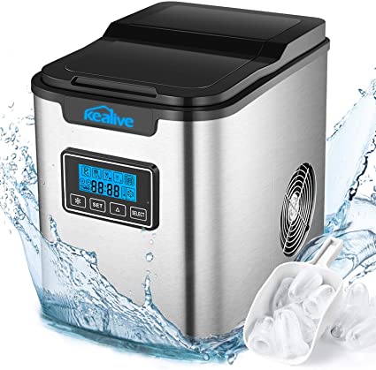 Ice Maker Stainless Steel Kealive, Ice Cubes Ready in 6 Mins, 28lbs Ice per 24 Hrs, Ice Maker Machine Counter Top Home, Self-Clean Function, LCD Display, 2.3L with Ice Scoop & Basket