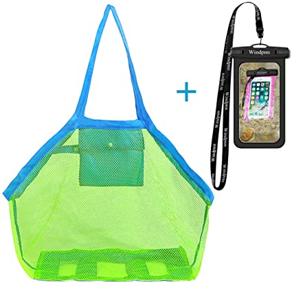 Windpnn Portable Large Mesh Tote Bag w Waterproof Cellphone Beach Pouch for Holding Childrens' Toys Sand Free Toys Bag