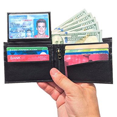 Run2Win Safety, RFID Blocking Wallet for Men, Slim Design, Genuine Leather, Great Credit Card Protection, Classic Black, Zippered Coin Pocket, Extra Capacity, 2-Window Removable Flip ID, Travel Bifold