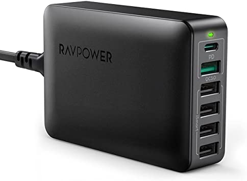 USB C Charger, RAVPower 60W 6-Port Desktop USB Charging Station with 30W Power Delivery, 18W QC3.0, iSmart Multiple Port for MacBook Air, iPhone 12 11 Pro Max XS X, iPad Pro Air Mini, Galaxy S20 S20