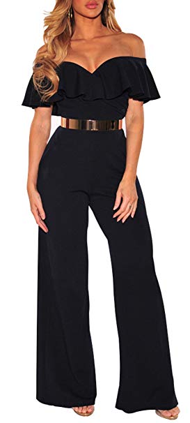 PRETTYGARDEN Women's Off Shoulder Ruffle Romper Sexy Bodycon Wide Leg Jumpsuit Long Pants with Belt and Pocket