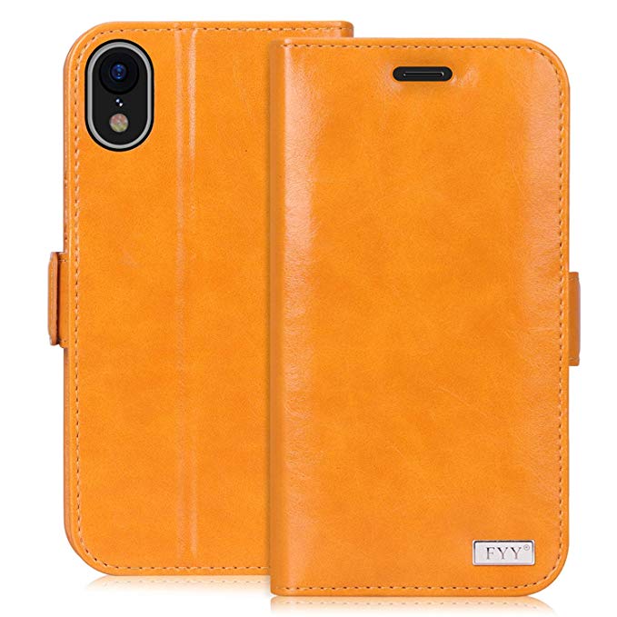 FYY [Premium Leather] Wallet Case for Apple iPhone Xr 6.1 inch 2018, Handmade Flip Folio Wallet Case with Kickstand Card Slots Magnetic Closure for Apple iPhone Xr 6.1 inch 2018 Orange