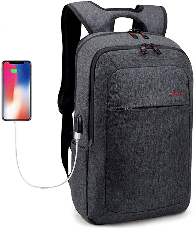 Laptop Backpack Men Women USB Port Slim Business Computer Backpack Anti-Theft Water Resistant Travel Laptop Bag Lightweight 15 15.6 inch (Grey Black)