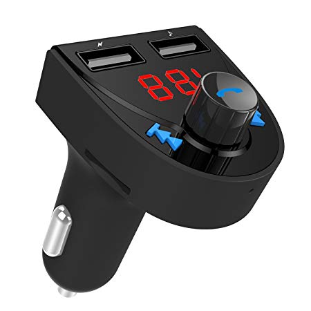 Circle for Bluetooth FM Transmitter,Cellphone FM Transmitter Wireless Radio Adapter Hands-Free Car Kit Music Player,3 USB Ports USB Charger with LCD Display, Support TF Card Slot USB Flash Drive - 2018 (Black)