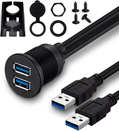 Dual USB 3.0 Mount Cable, VCZHS 2 Ports Dual USB 3.0 Flush Mount Cable USB Flush Dash Panel Mount Cable Male to Female Extension Code for Car Truck Boat Motorcycle Dashboard Panel 3 Feet