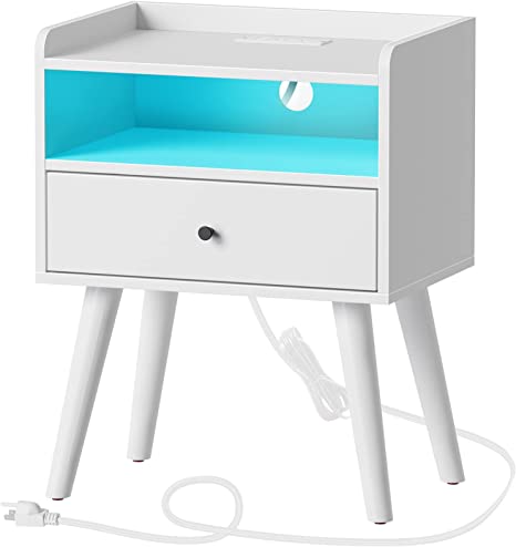 Rolanstar Nightstand with Charging Station and LED Lights, Mid Century Modern End Table with Sliding Drawer and Storage Shelf for Living Room, Bed Side Table for Bedroom - White