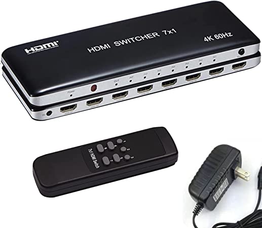 7 Port HDMI Switch version2.0 4K@60Hz HDMI Switcher Support HDR & HDCP 2.2,Full HD/3D with IR Wireless Remote Control and Power Adapter with IR for Xbox One S/X PS4 PS3 LED Smart TV Mi Box3