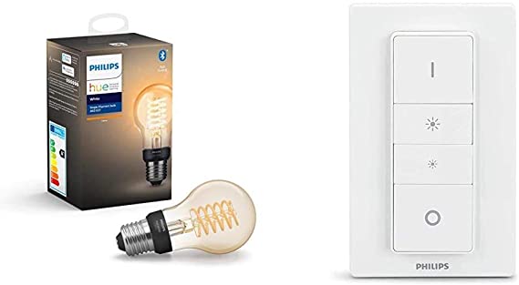 Philips Hue White Filament Single Smart LED Bulb [E27 Edison Screw] with Bluetooth and Smart Wireless Dimmer Switch (Installation-Free, Exclusive for Philips Hue Lights)