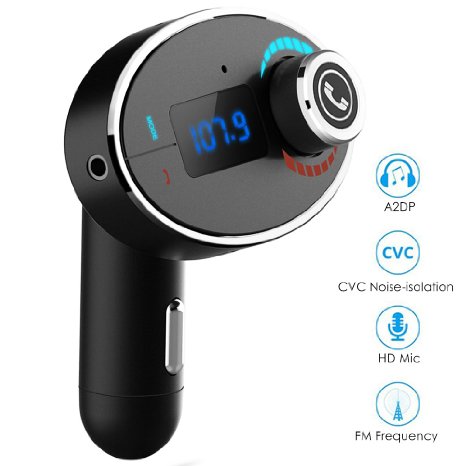 FM Transmitter, QPAU Bluetooth Car Kit Radio Receiver Hands-free Talking & Wireless Music Streaming W USB Car Charger for All Smartphones Audio Players