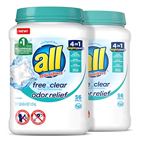 All Mighty Pacs Laundry Detergent, Free Clear Odor Relief, Tub, 56Count, Pack of 2, 112 Total Loads