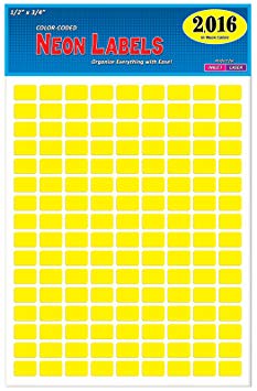 Pack of 2016, 1/2" x 3/4" Rectangle Color Coding Dot Labels, Neon Yellow, 8 1/2 x 11 Inch Sheet, Fits All Laser/Inkjet Printers, 144 Labels per Sheet, 0.5 x 0.75 Inches
