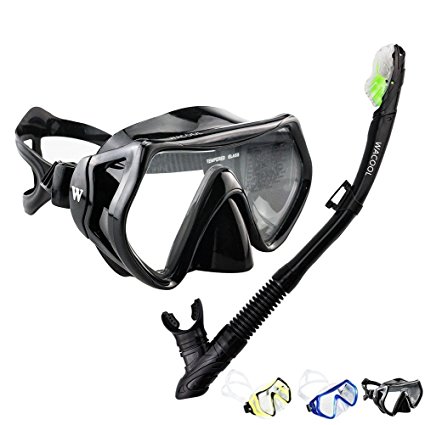 WACOOL Snorkeling Package Set for Adults, Anti-Fog Coated Glass Diving Mask, Snorkel with Silicon Mouth Piece,Purge Valve and Anti-Splash Guard,.