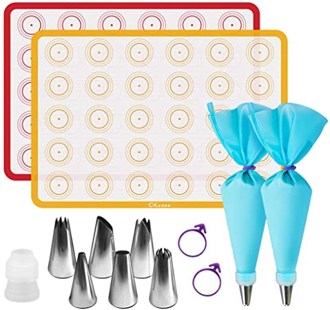 Silicone Baking Mats Kit, Baking Set of 2 Half Sheet Silicone Baking Mats, 6 Piping Tip, 2 Piping Bag and 2 Bag Tie - Reusable Nonstick Liners for Baking Pans and Cookie Sheets(16"x11.8")