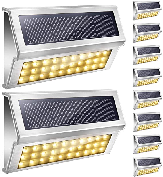 Upgraded 30 LED Solar Step Lights 3000K Warm White JACKYLED 10-Pack Outdoor Stainless Steel Solar Stair Lights Waterproof Deck Security Lighting for Dock Fence Patio Garden Wall Porch