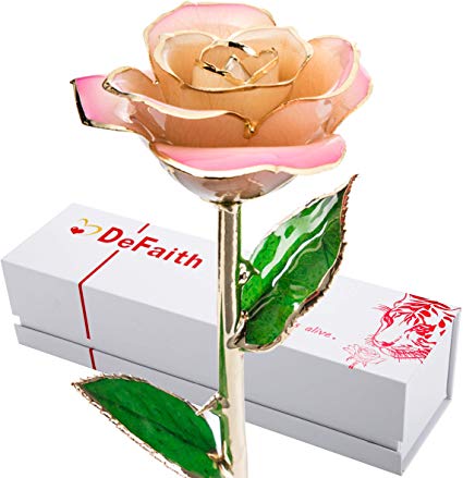 DeFaith Pink White 24K Gold Rose, Unique for Mother Wife Girlfriend Her Women, Made from Real Rose Flower with Stand