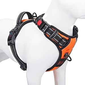 PHOEPET Reflective Dog Harness Large Breed Adjustable No Pull Vest with with Handle 2 Metal Rings 3 Buckles [Easy to Put on & Take Off](M, Orange)