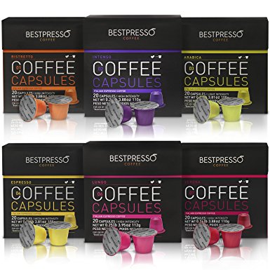 Nespresso Compatible Gourmet Coffee Capsules - 120 Pod Variety Pack - for Original Line Nespresso Machine - Bestpresso Brand Certified Genuine Espresso