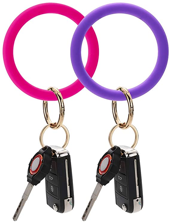 Artscope Wristlet Keychain Bracelet Key Ring Leather / Silicone Large Circle Bangle Keyring Tassel Bracelet Key Holder for Women Girls (Silicone: 2 pieces - Purple Hot Pink)