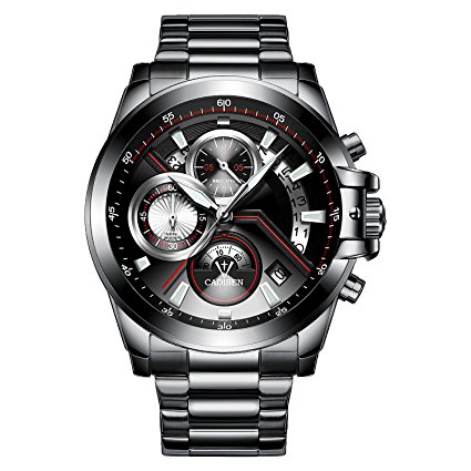 CADISEN Men's Quartz Analog Chronograph waterproof Military Sport Wrist Watch with Leather Band