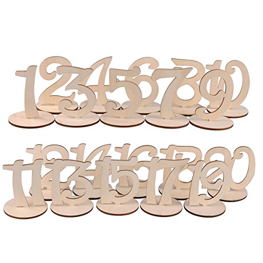 eZAKKA Table Numbers 1-20 Wood Wooden Wedding Table Numbers with Holder Base for Wedding Party Home Decoration Vintage Birthday Event Banquet Anniversary Decor Catering Reception