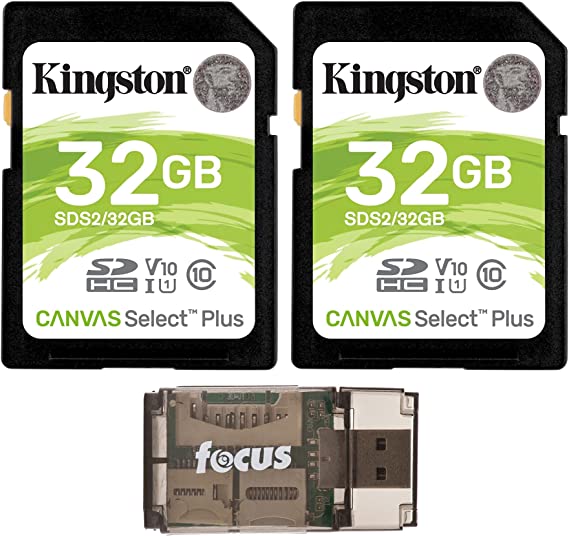 Kingston 32GB SDHC Canvas Select Class 10 UHS-1 (SDS/32GB) Memory Card (2-Pack) with Focus High-Speed USB 2.0 Card Reader Bundle (3 Items)