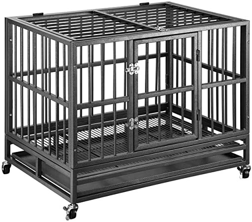 PUPZO Heavy Duty Dog Cage Crate Kennel Carbon Steel with Four Wheels for Large Dogs Easy to Install