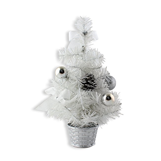 12inch Mini Desk Top Table Top Decorated Christmas Tree with Bows & Baubles Ornaments Decorations, White
