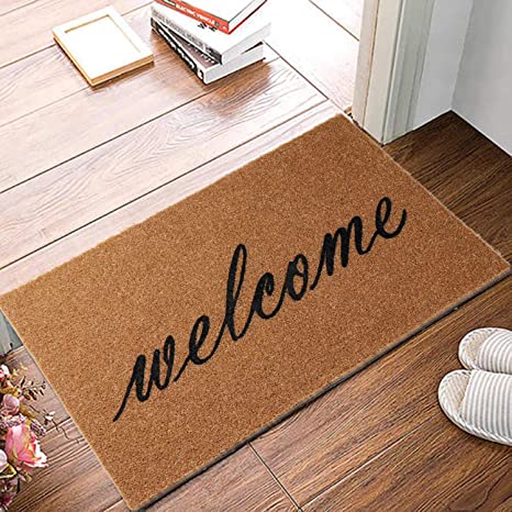 OurWarm Welcome Mats for Front Door Outdoor, Door Mats for Home Entrance Floor mat Coir Doormat for Porch Decor with Heavy-Duty PVC Backing, 30 x 17Inch Farmhouse Brown Welcome Mat Rug with Black Font