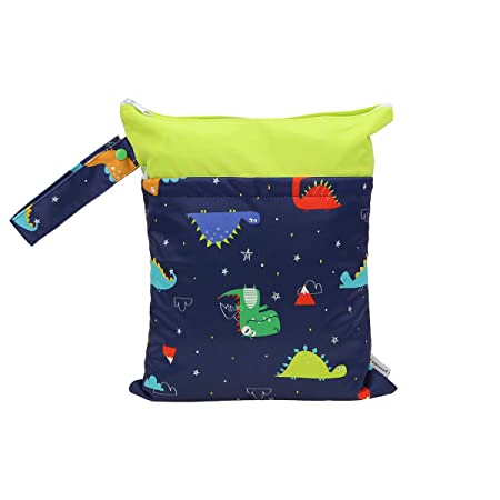Hi Sprout Grab and Go Wet Dry Cloth Diaper Bags -Waterproof Washable Reusable Diaper Organizer (Simple Bag, Dinosaur)