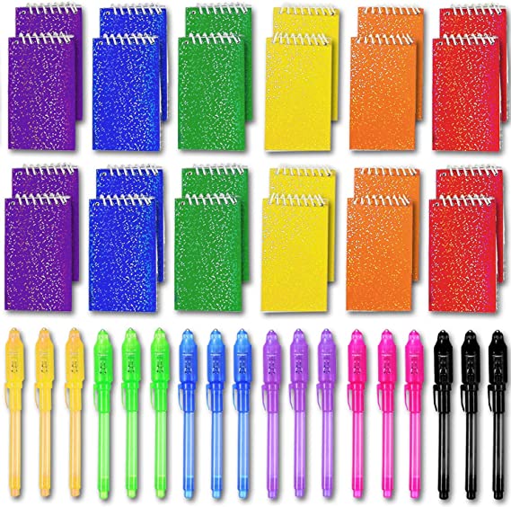 HeroFiber Invisible Ink Pen w/UV Light (24 Pack)   Mini Prism Spiral Notepads (24 Pack) - Great for Themed Party Favors, Magic & Spy Parties,Diary, Homework, Goodies Bags Toy