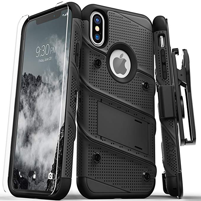 Zizo Bolt Series Compatible with iPhone Xs Max case Military Grade Drop Tested with Tempered Glass Screen Protector, Holster, Kickstand Black/Black