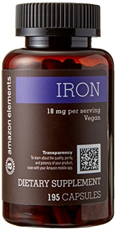 Amazon Elements Iron 18mg, Vegan, 195 Capsules