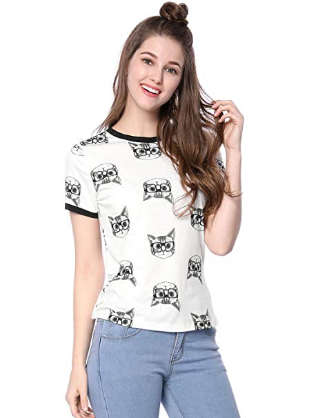Allegra K Women's Short Sleeve Contrast Cartoon Cat Print Tee Ringer T-Shirt