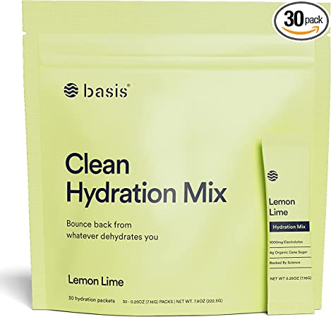 Basis Hydration Low Sugar Powder Packets, Electrolyte Mix, Keto-Friendly, Hangover Supplement Drink, Pregnancy Dehydration Relief - for Workout Travel Sports (Lemon Lime, 30 Sticks)