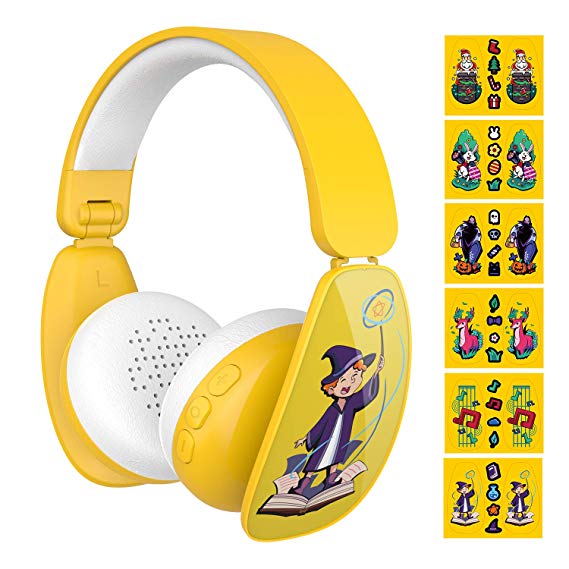 MindKoo Cute Kids Headphones, Wireless Bluetooth Headphones with 6 DIY Cartoon Stickers, 3 Levels Safe Volume Limiting, Built-in Microphone for iPhone/iPad/Tablets/PC