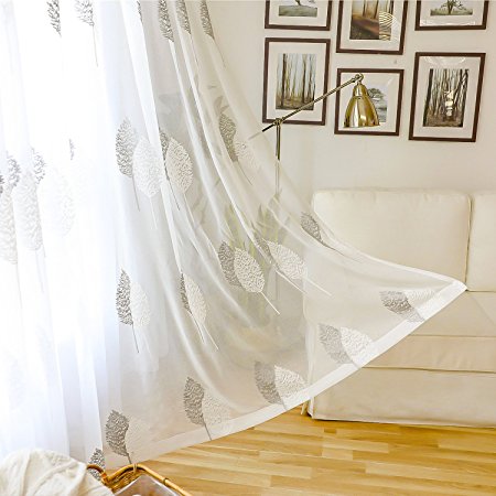 VOGOL Rod Pocket Sheer Curtains Elegant Embroidered Banyan Leaves Design Off White Window Drapes/Panels for Living Room, 54 x 84,Two Panels