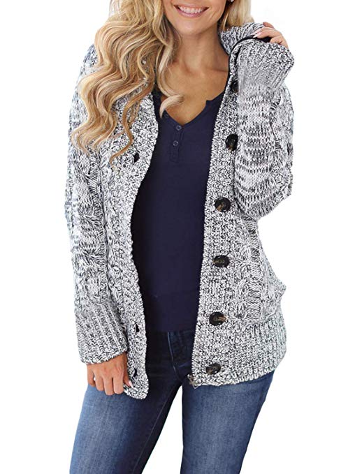 Asvivid Womens Button Down Cable Knit Cardigans Fleece Hooded Zipper Sweater Coats with Pockets