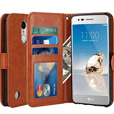 LG Aristo Case, LK Luxury PU Leather Wallet Flip Protective Case Cover with Card Slots and Stand for LG Aristo (Brown)